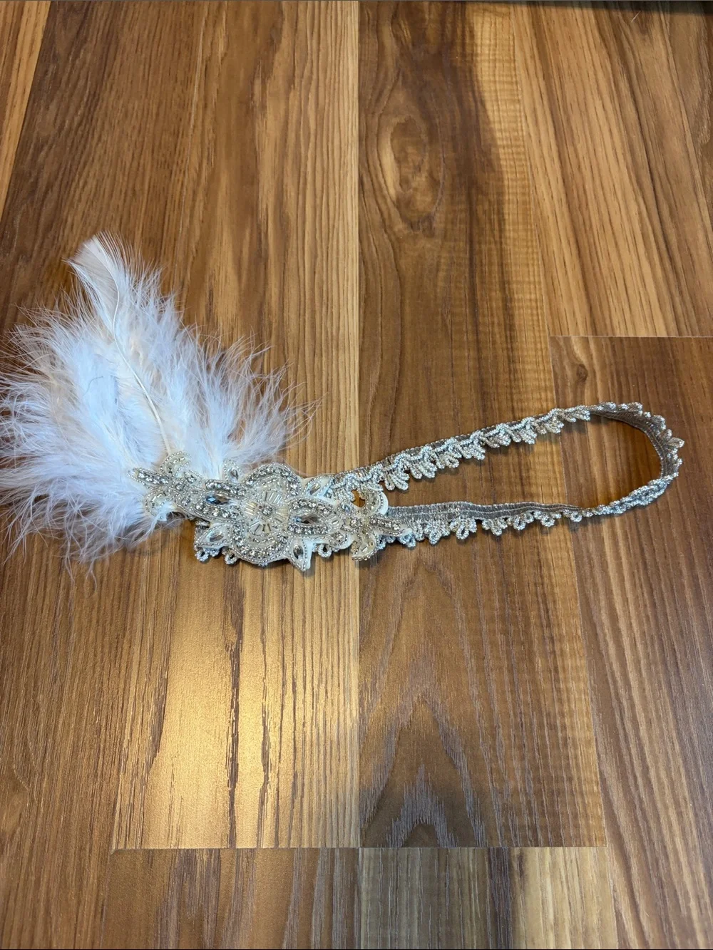 Crystal Beaded Ivory and Silver Feather Headband
